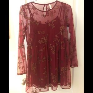 Red Floral Embroidered Long Sleeve Dress & Slip